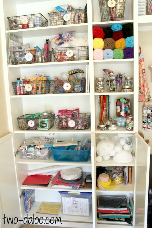 Craft/Sewing area using Ikea bookshelves at Twodaloo