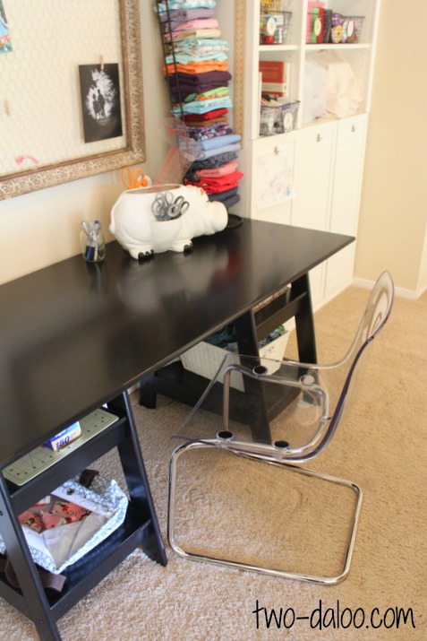 Craft/Sewing area using Ikea bookshelves at Twodaloo