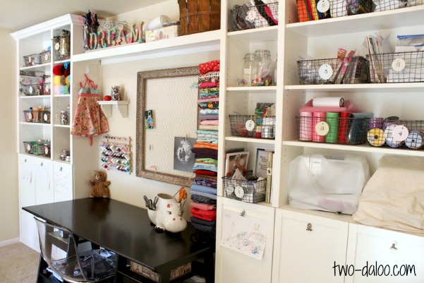 Craft/Sewing area using Ikea bookshelves at Twodaloo