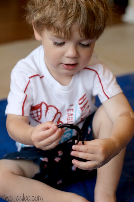 Dirt and worms coffee gelatin sensory play at Twodaloo