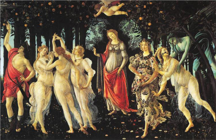 Sandro Botticelli, La Primavera, 1477–1482. Uffizi Gallery, Florence, Italy. Image attributed to WIkipedia.