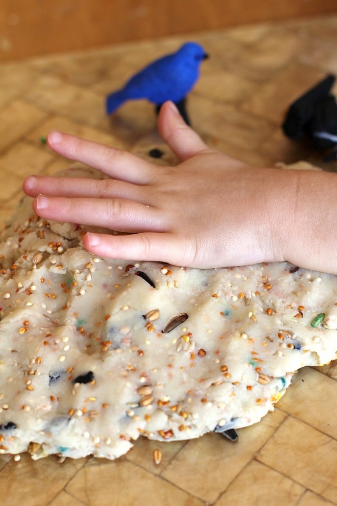 Smushing birdseed dough